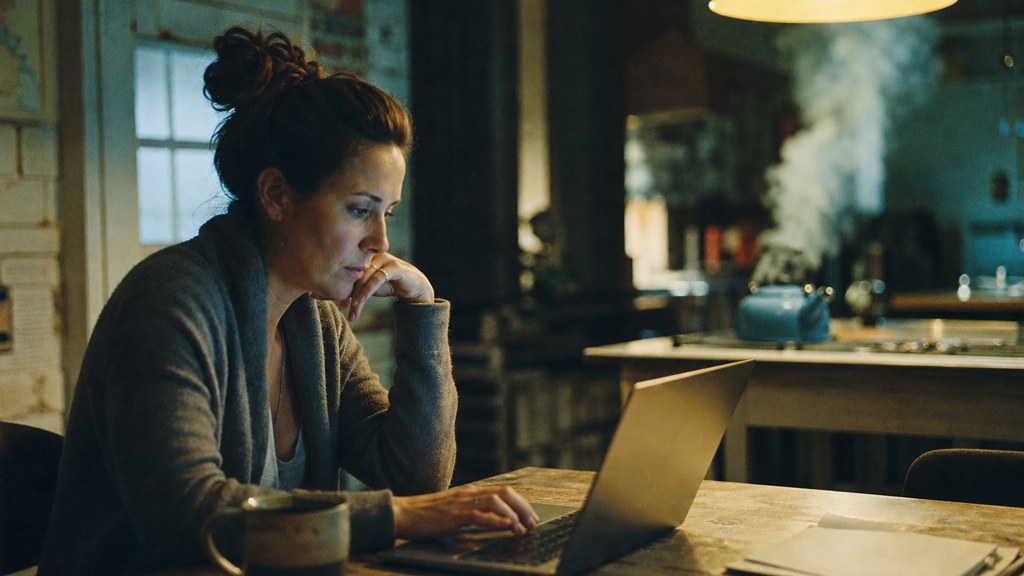 A service-business owner at a kitchen table typing a question into a laptop while a kettle steams behind, photographed in Baton Rouge