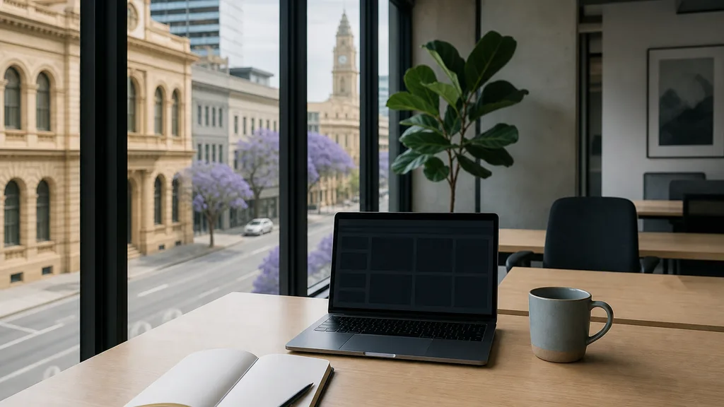 Editorial photograph of an empty modern paid search agency workspace in an Adelaide CBD office with a laptop showing a blank dashboard, a notebook and a flat white on a pale eucalyptus timber desk, white walls, a black-framed window and a potted fig, lit by bright South Australian morning light