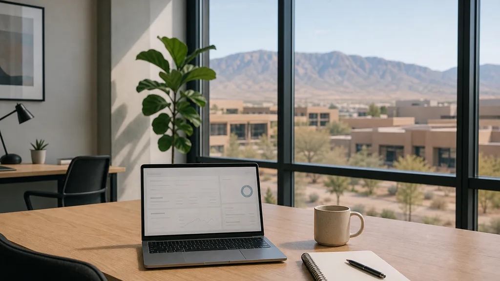 Editorial photograph of an empty modern paid search agency workspace in an Albuquerque adobe-style office with a laptop showing a blank screen, a notebook and a mug on a warm timber desk, textured plaster walls, a deep-set window and a small cactus, lit by clear high-desert morning light