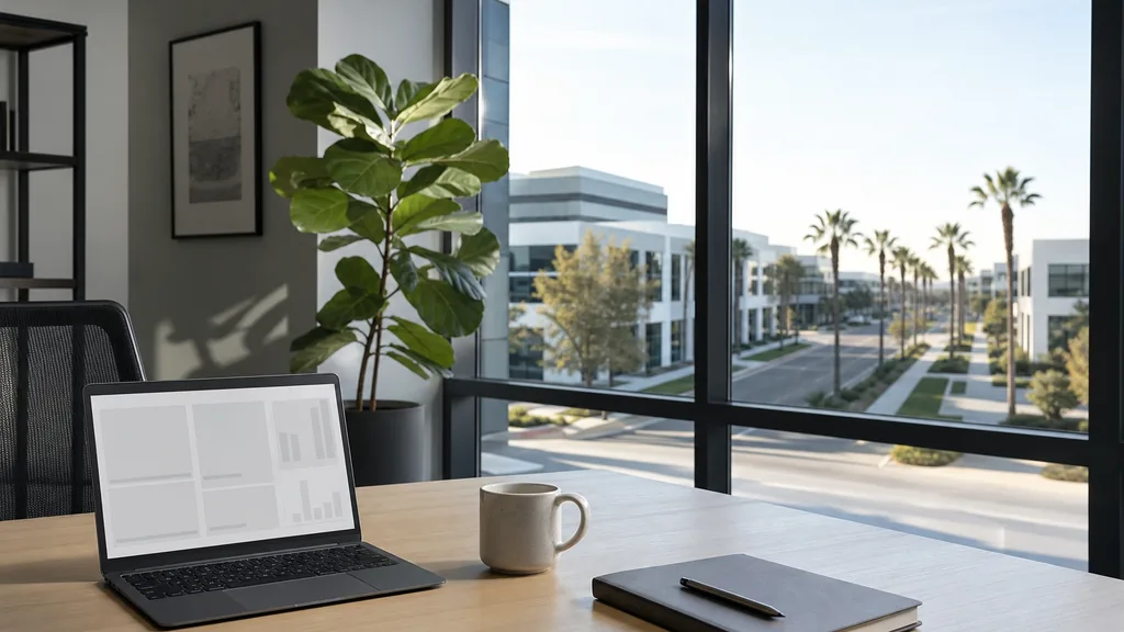 Editorial photograph of an empty modern paid search agency workspace in an Anaheim business-park office with a laptop showing a blank dashboard, a notebook and a coffee cup on a light oak desk, white walls, wide glass and palm shadows outside, lit by soft Southern California morning light