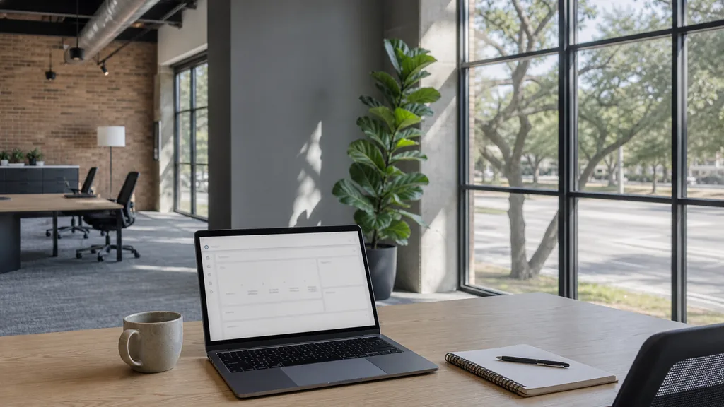 Editorial photograph of an empty modern paid search agency workspace in an Arlington Texas office with a laptop showing a blank dashboard, a notebook and a coffee cup on a dark oak desk, grey walls, a wide window and bright open sky beyond, lit by strong north Texas morning light