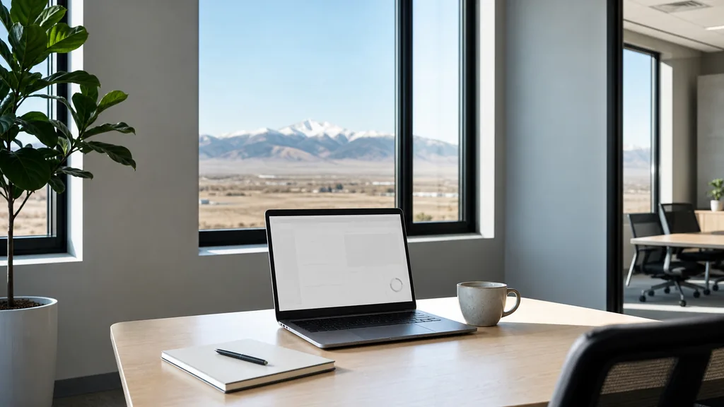 Editorial photograph of an empty modern paid search agency workspace in an Aurora Colorado office with a laptop showing a blank screen, a notebook and a ceramic mug on a pale birch desk, white brick, black steel window frames and a distant mountain line, lit by sharp high-altitude morning light