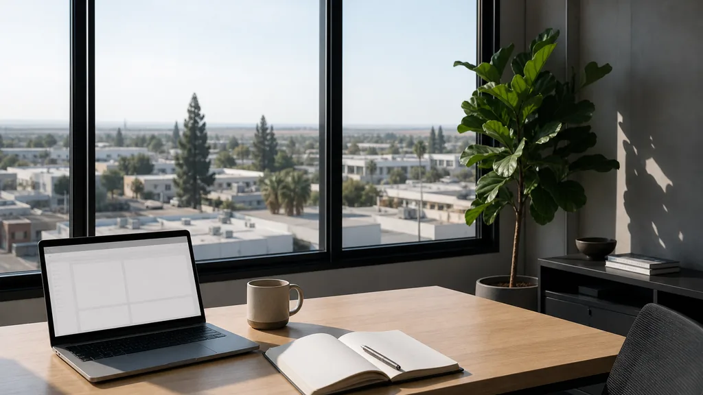 Editorial photograph of an empty modern paid search agency workspace in a Bakersfield downtown office with a laptop showing a blank dashboard, a notebook and a mug on a walnut desk, cream walls, a shuttered window and a potted olive tree, lit by warm Central Valley morning light