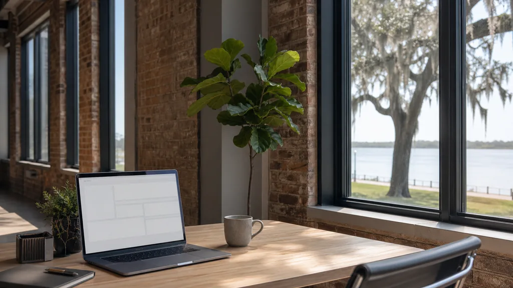 Editorial photograph of an empty modern paid search agency workspace in a Baton Rouge Mid City studio with a laptop showing a blank dashboard, a notebook and a coffee cup on a reclaimed cypress desk, painted brick, tall windows and green foliage outside, lit by humid Louisiana morning light