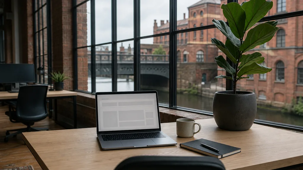 Editorial photograph of an empty modern paid search agency workspace in a Birmingham Jewellery Quarter office with a laptop showing a blank screen, a notebook and a mug on a scuffed timber desk, exposed red brick, black steel windows and a radiator beneath, lit by soft overcast English morning light
