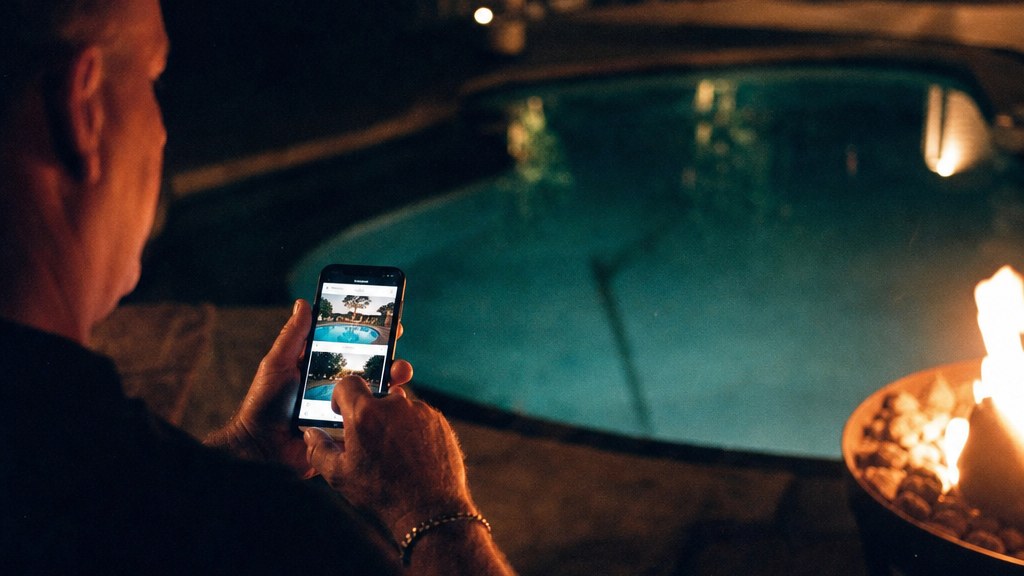 Homeowner on a dark patio at dusk swiping through pool photos on a phone
