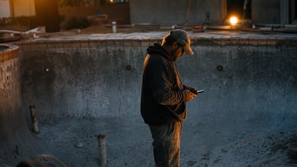 Pool crew foreman standing in an unfinished gunite shell at sunrise checking a phone