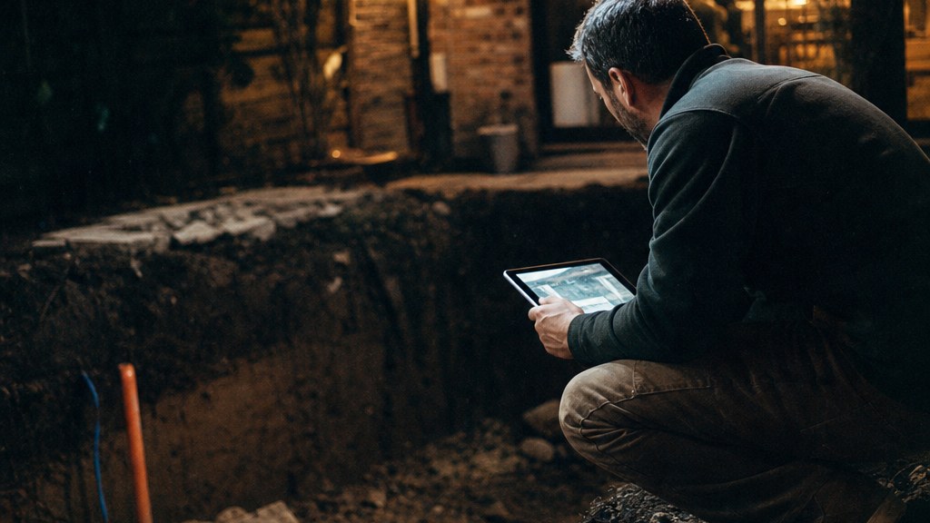 Homeowner crouching at the edge of a half-dug backyard excavation holding a tablet