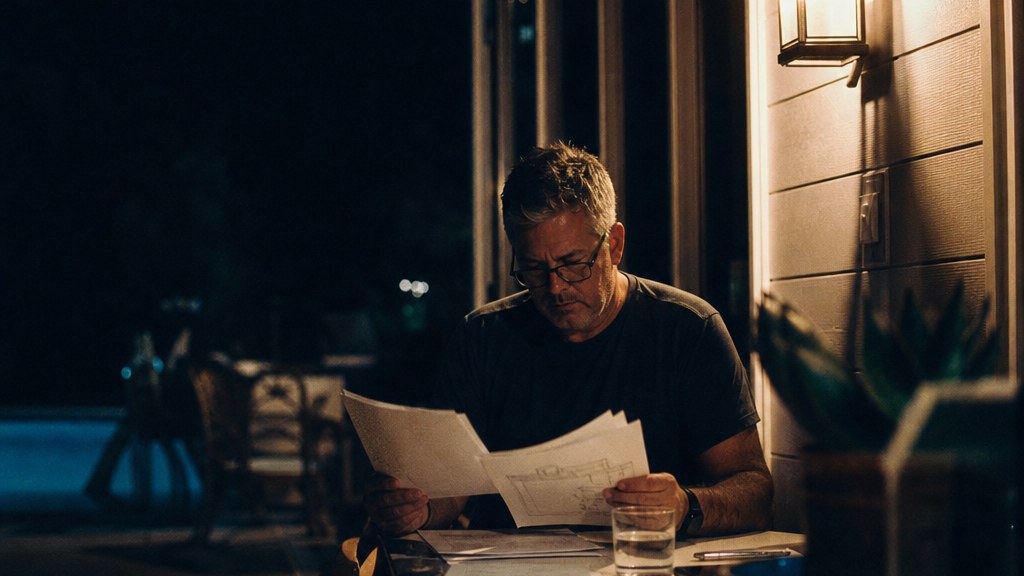 Homeowner on a patio at night comparing two pool quotes under a porch light