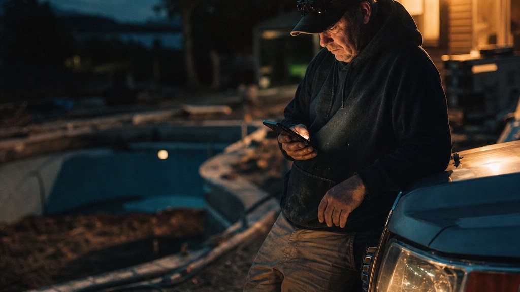 Pool company owner leaning on a truck bonnet at dusk scrolling a phone beside a dug-out yard