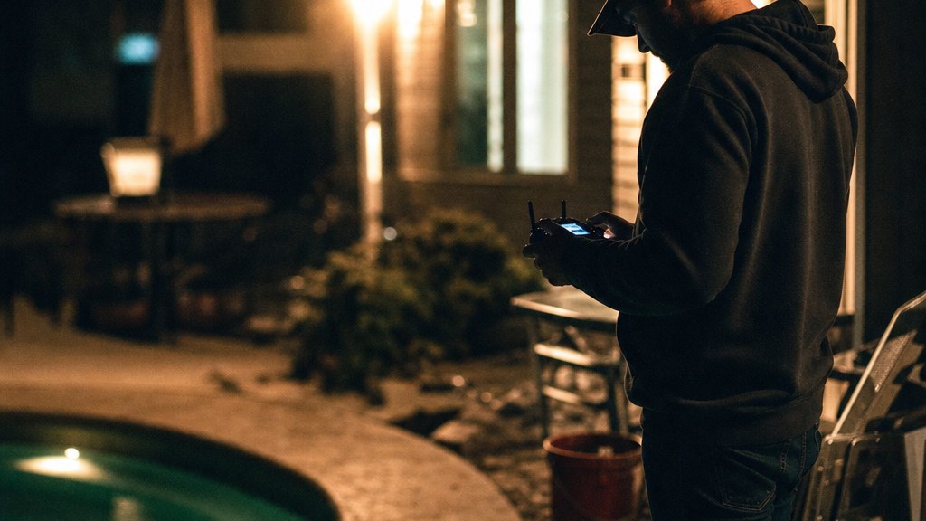 Drone pilot standing on a suburban lawn watching a controller above a finished pool