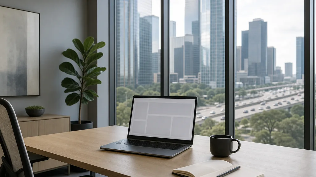 Editorial photograph of an empty modern paid search agency workspace in a Houston mid-rise office with tall windows onto glass towers, a wide freeway and live oak trees, a laptop showing a blank dashboard, a notebook and a ceramic mug on a pale oak desk, no people and no signage