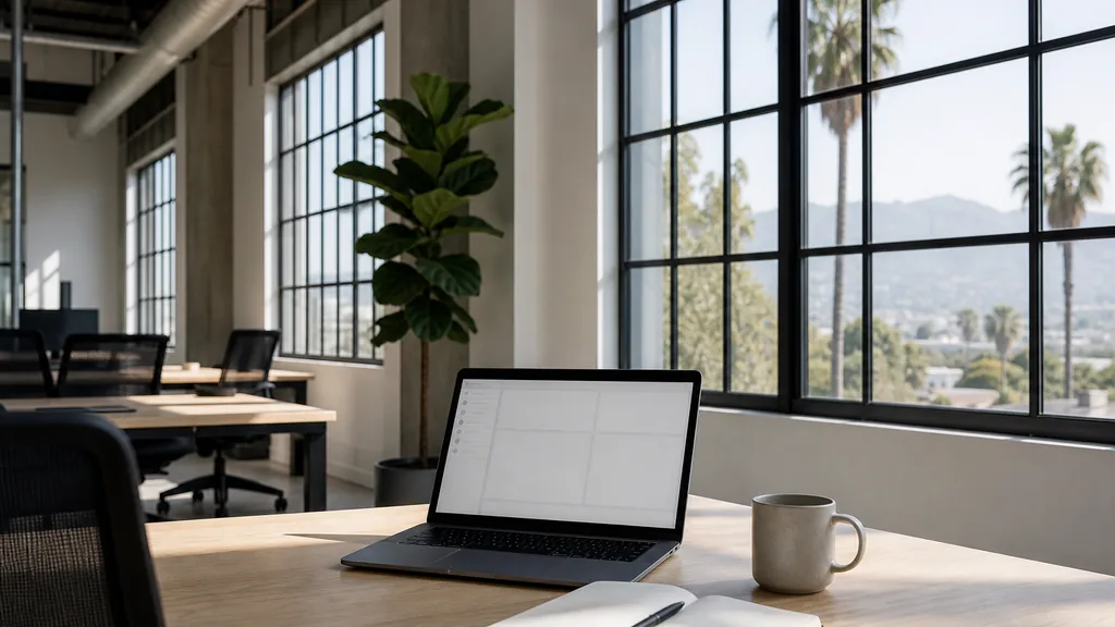Editorial photograph of an empty modern paid search agency workspace in a Los Angeles converted warehouse office with tall windows onto palm trees and hazy hills, a laptop showing a blank dashboard, a notebook and a ceramic mug on a pale oak desk, no people and no signage