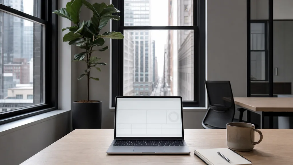 Editorial photograph of an empty modern paid search agency workspace in a Manhattan loft office with tall windows onto neighbouring towers and a narrow street canyon, a laptop showing a blank dashboard, a notebook and a ceramic mug on a pale oak desk, no people and no signage