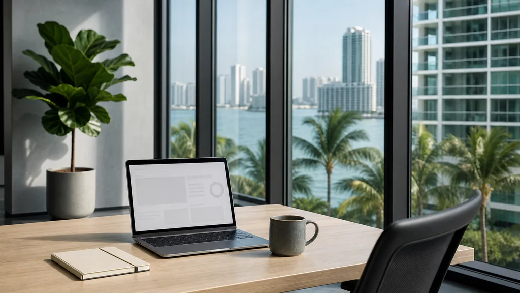 Editorial photograph of an empty modern paid search agency workspace in a Miami Brickell tower office with floor-to-ceiling windows onto palm trees and bay water, a laptop showing a blank dashboard, a notebook and a ceramic mug on a pale oak desk, no people and no signage