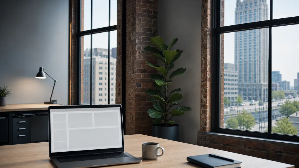 Editorial photograph of an empty modern paid search agency workspace in a downtown Detroit brick warehouse office with steel windows onto an art deco tower and a wide avenue, a laptop showing a blank dashboard, a notebook and a ceramic mug on a pale oak desk, no people and no signage