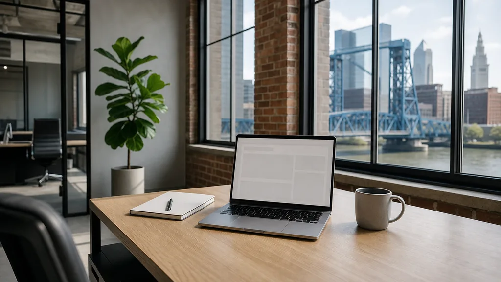 Editorial photograph of an empty modern paid search agency workspace in a Cleveland Ohio City brick office with tall windows onto a lift bridge and the Cuyahoga river, a laptop showing a blank dashboard, a notebook and a ceramic mug on a pale oak desk, no people and no signage