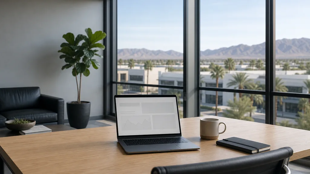 Editorial photograph of an empty modern paid search agency workspace in a Las Vegas low-rise office with tall windows onto palm trees and distant desert mountains, a laptop showing a blank dashboard, a notebook and a ceramic mug on a pale oak desk, no people and no signage