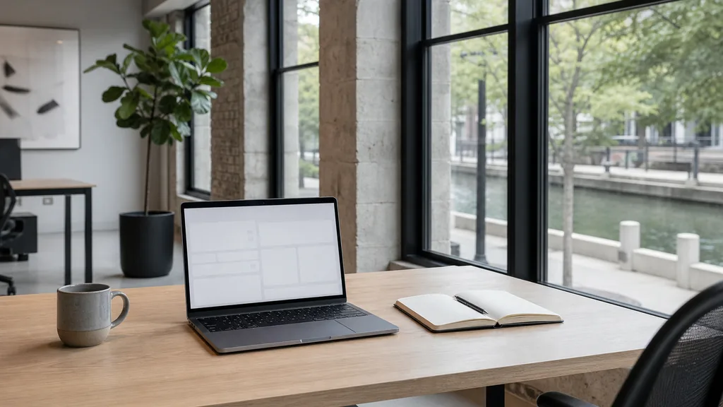 Editorial photograph of an empty modern paid search agency workspace in an Indianapolis limestone office with tall windows onto a canal walk and maple trees, a laptop showing a blank dashboard, a notebook and a ceramic mug on a pale oak desk, no people and no signage