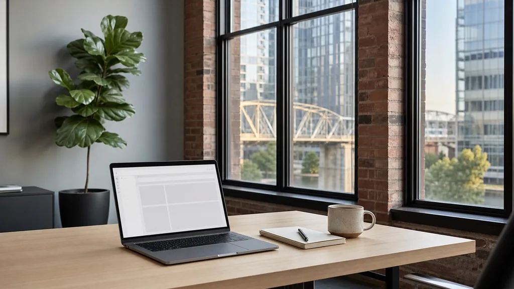 Editorial photograph of an empty modern paid search agency workspace in a Nashville Germantown brick office with tall windows onto new glass towers and a river bridge, a laptop showing a blank dashboard, a notebook and a ceramic mug on a pale oak desk, no people and no signage