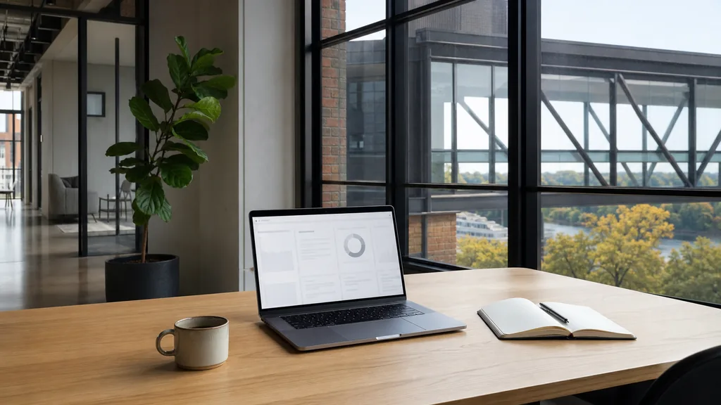 Editorial photograph of an empty modern paid search agency workspace in a Minneapolis North Loop warehouse office with tall windows onto a skyway and river bluff elms, a laptop showing a blank dashboard, a notebook and a ceramic mug on a pale oak desk, no people and no signage
