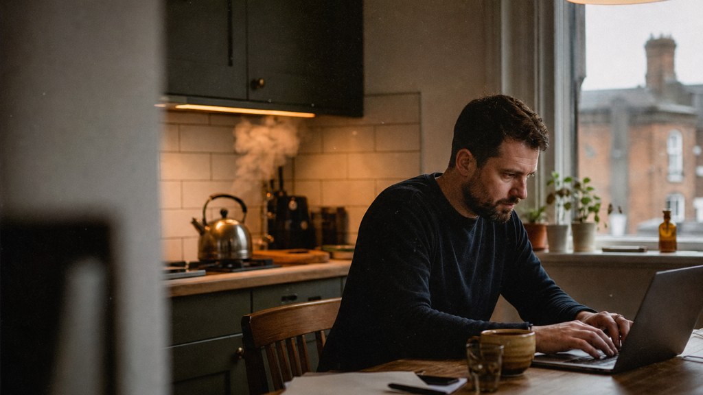 A service-business owner at a kitchen table typing a question into a laptop while a kettle steams behind, photographed in Birmingham