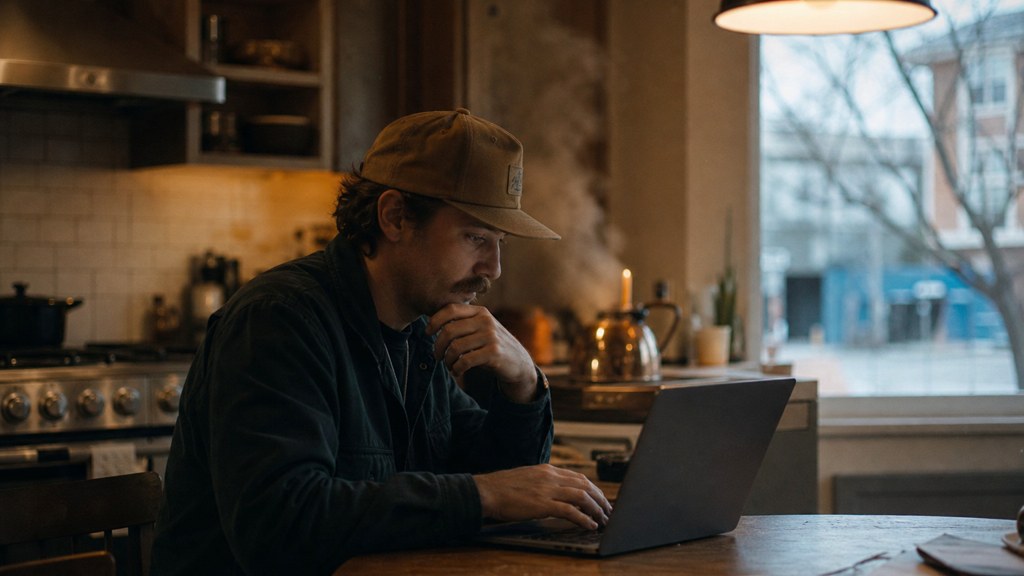 A service-business owner at a kitchen table typing a question into a laptop while a kettle steams behind, photographed in Boise