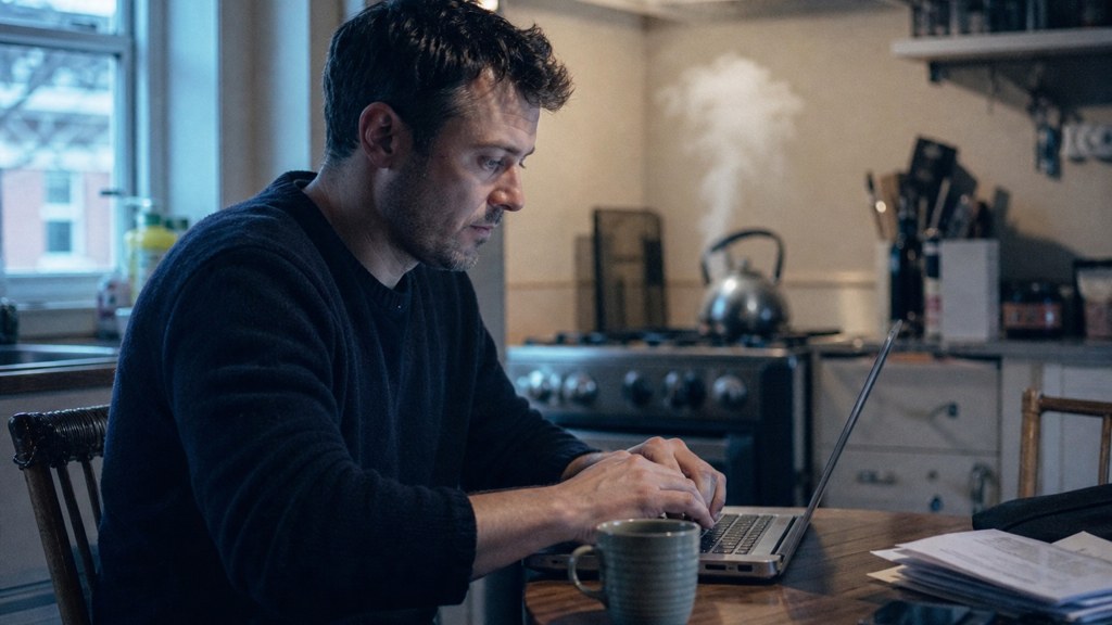 A service-business owner at a kitchen table typing a question into a laptop while a kettle steams behind, photographed in Boston
