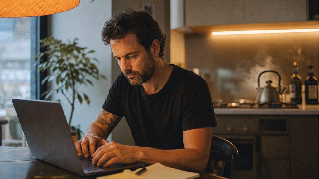 A service-business owner at a kitchen table typing a question into a laptop while a kettle steams behind, photographed in Brisbane