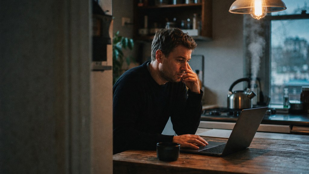 A service-business owner at a kitchen table typing a question into a laptop while a kettle steams behind, photographed in Bristol