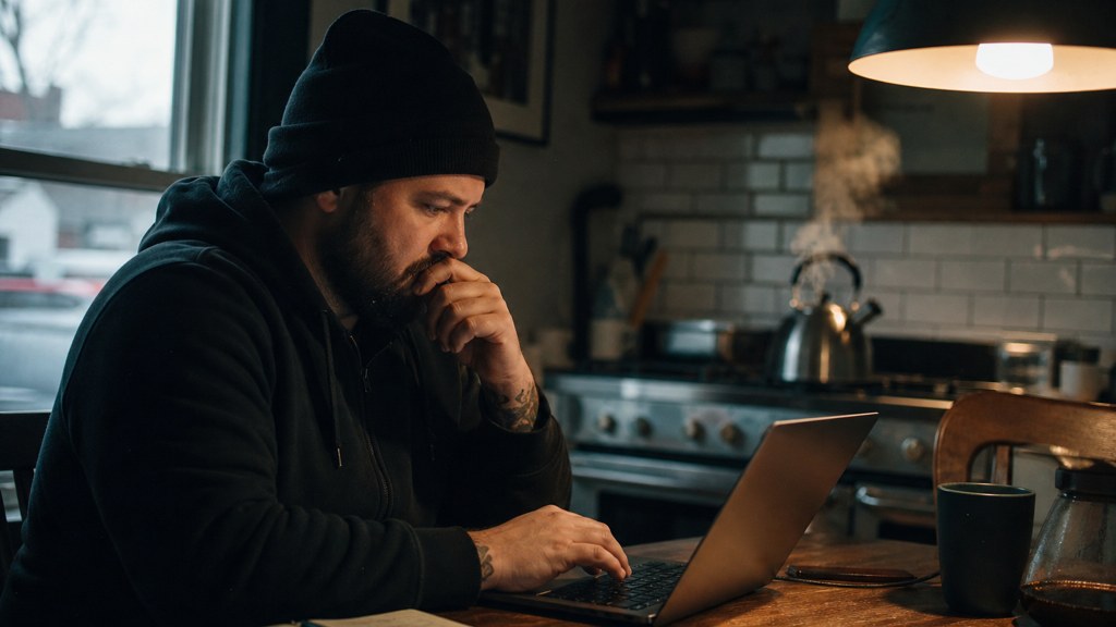 A service-business owner at a kitchen table typing a question into a laptop while a kettle steams behind, photographed in Buffalo