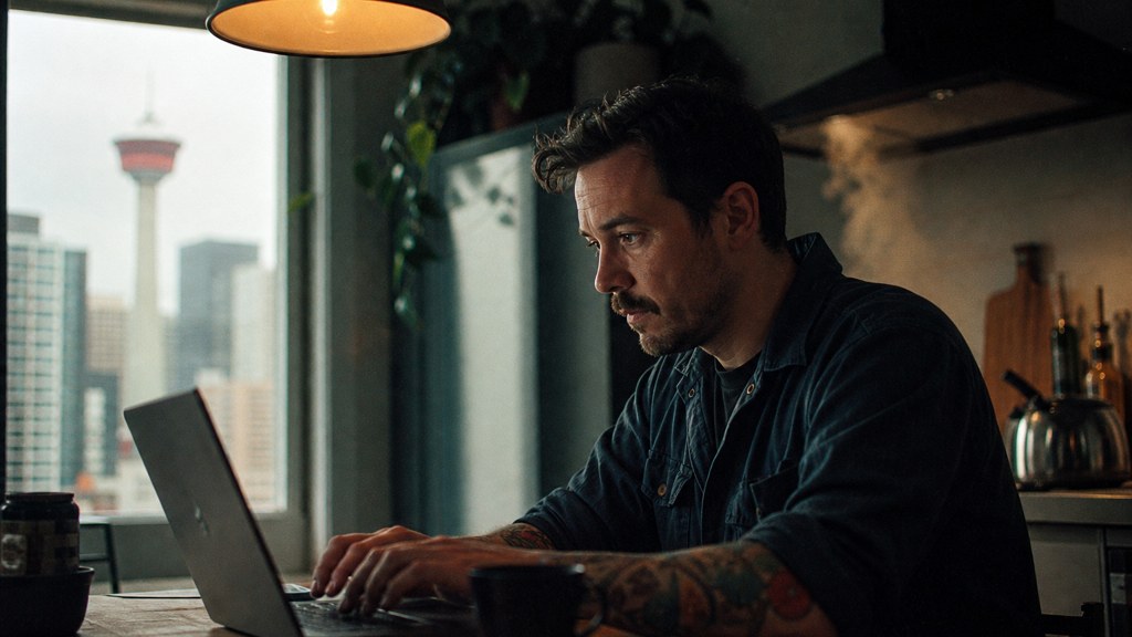 A service-business owner at a kitchen table typing a question into a laptop while a kettle steams behind, photographed in Calgary