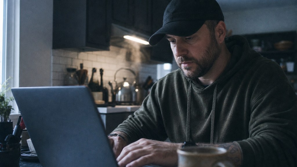 A service-business owner at a kitchen table typing a question into a laptop while a kettle steams behind, photographed in Chandler