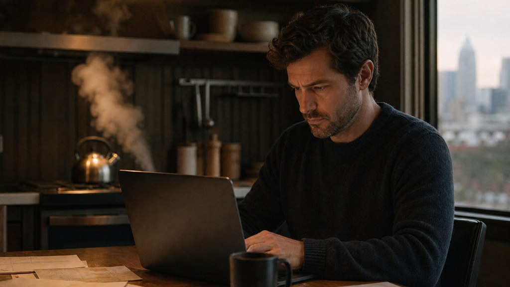 A service-business owner at a kitchen table typing a question into a laptop while a kettle steams behind, photographed in Charlotte
