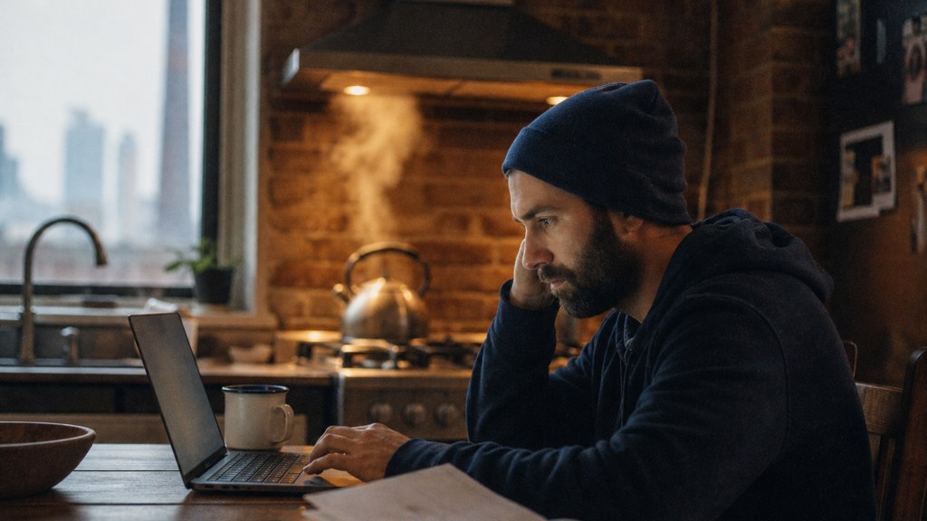 A service-business owner at a kitchen table typing a question into a laptop while a kettle steams behind, photographed in Chicago