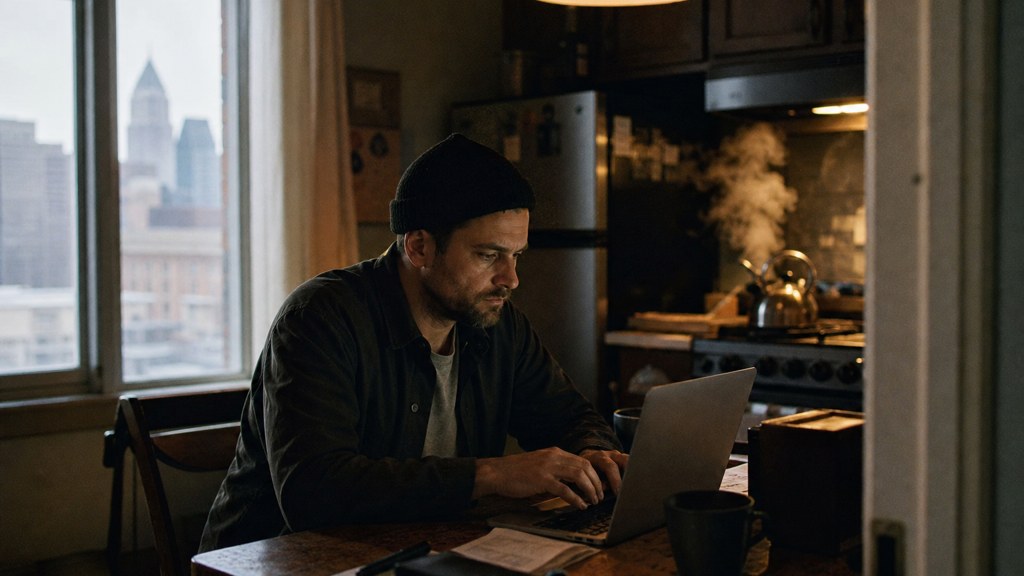 A service-business owner at a kitchen table typing a question into a laptop while a kettle steams behind, photographed in Cleveland
