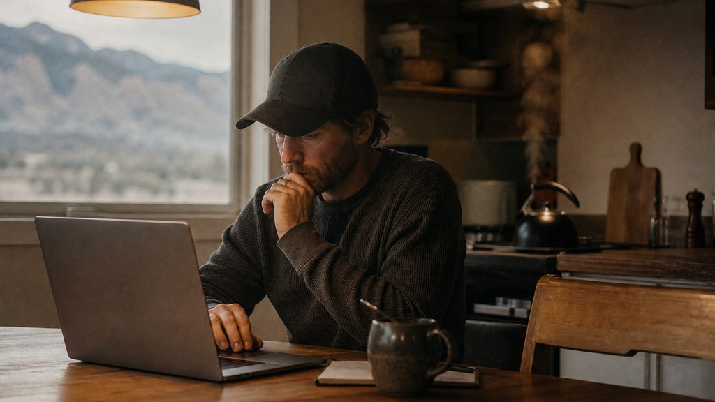 A service-business owner at a kitchen table typing a question into a laptop while a kettle steams behind, photographed in Colorado Springs