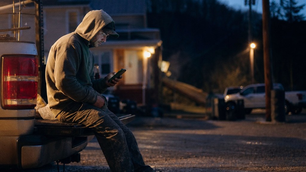 Roofer sitting on a truck tailgate at dawn checking his phone
