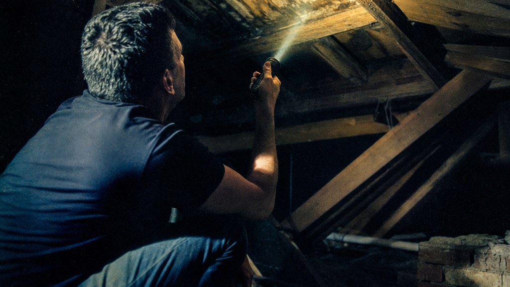 Homeowner in an attic pointing a torch at a water-stained rafter