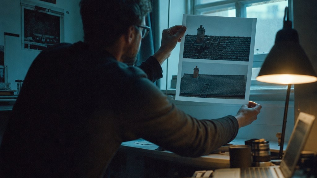 Retoucher holding a printed before-and-after roof photo to a window