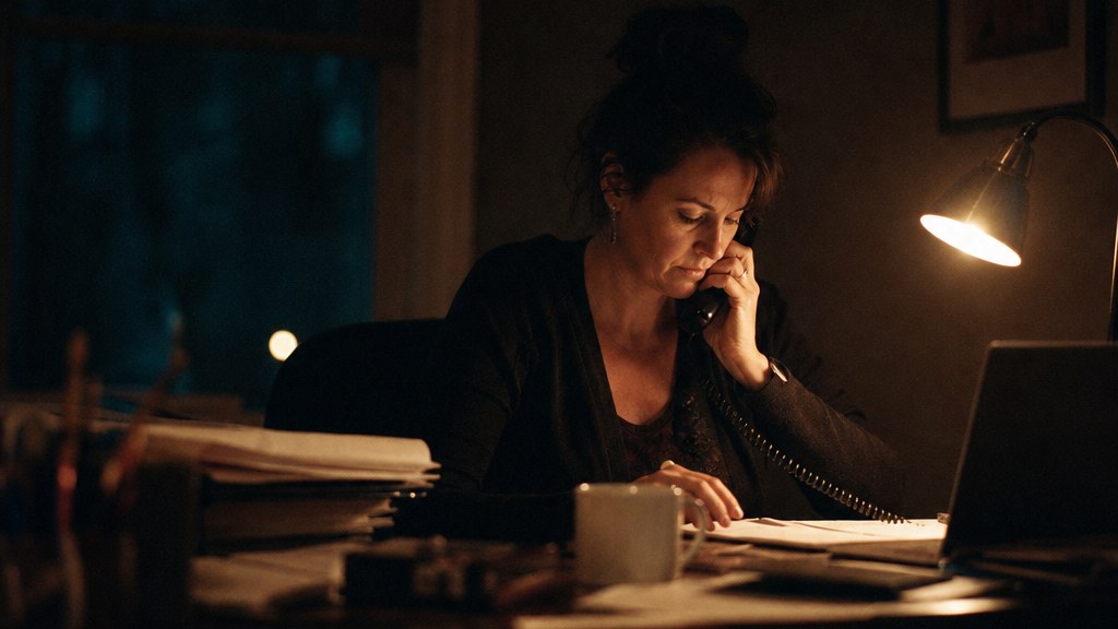 Admissions coordinator answering a late-night phone call at a desk lamp