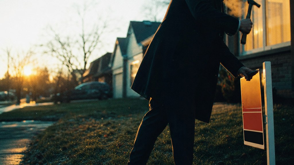 Agent hammering a For Sale sign into a front lawn at sunrise