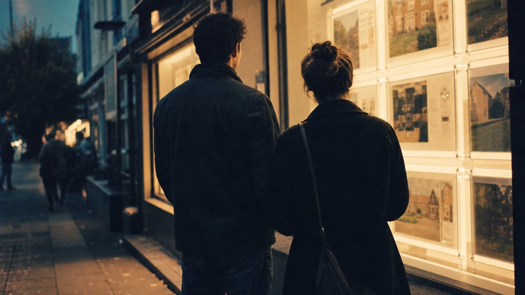 Couple at dusk reading a listing board outside an estate agency