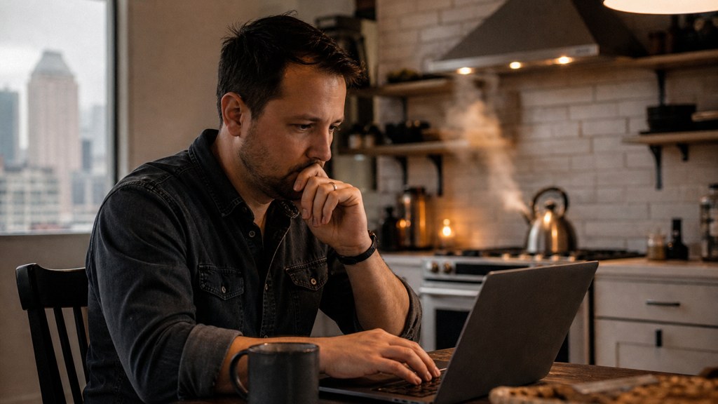 A service-business owner at a kitchen table typing a question into a laptop while a kettle steams behind, photographed in Columbus