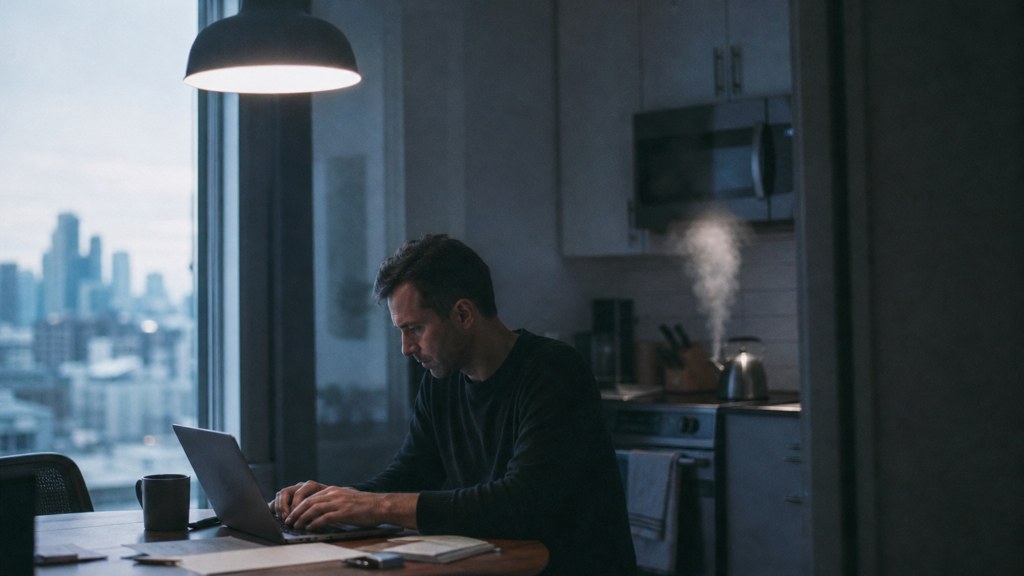 A service-business owner at a kitchen table typing a question into a laptop while a kettle steams behind, photographed in Dallas