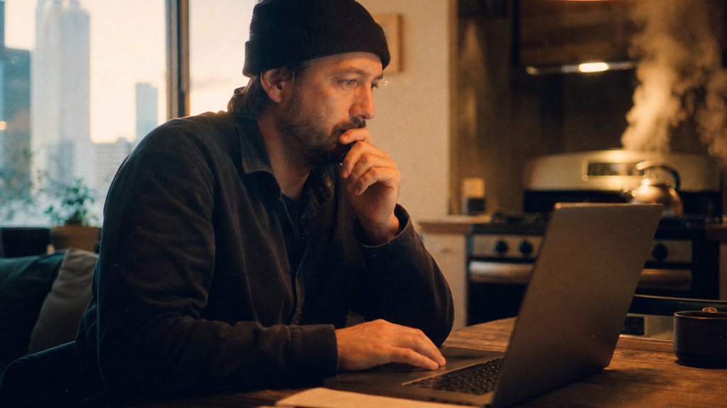 A service-business owner at a kitchen table typing a question into a laptop while a kettle steams behind, photographed in Denver