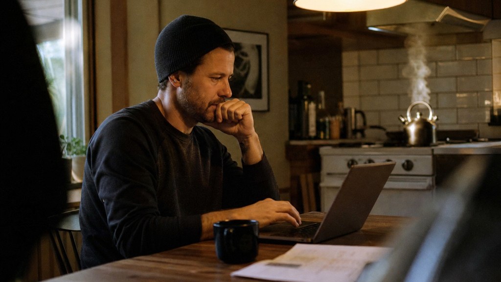 A service-business owner at a kitchen table typing a question into a laptop while a kettle steams behind, photographed in Des Moines