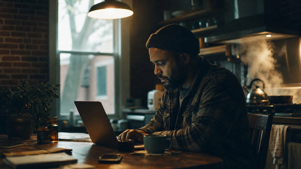 A service-business owner at a kitchen table typing a question into a laptop while a kettle steams behind, photographed in Detroit