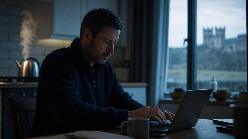 A service-business owner at a kitchen table typing a question into a laptop while a kettle steams behind, photographed in Durham