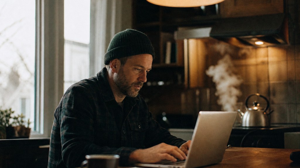 A service-business owner at a kitchen table typing a question into a laptop while a kettle steams behind, photographed in Edmonton